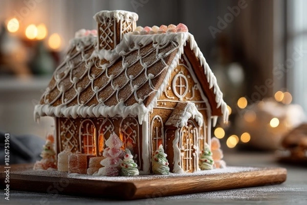 Fototapeta Detailed gingerbread house with glistening roof, chimney, decorated with icing, Christmas trees on wooden tray. Concept of cozy festive atmosphere, spiced cookie structure decorated festive.