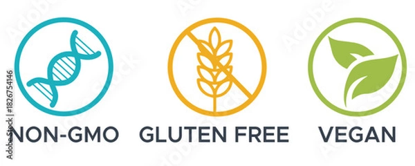 Fototapeta Vegan, Non-GMO, Gluten free icon set, Vegan, Non-GMO, Gluten free vector set