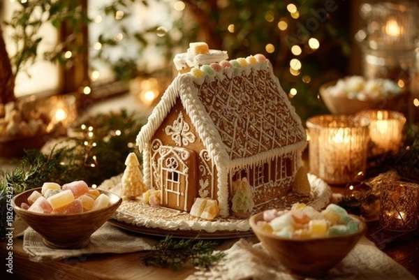 Fototapeta Gingerbread House decorated with white icing and colorful candies on wooden table beside bowls of candies. Concept of cozy, warm atmosphere featuring spiced cookie structure decorated festive.