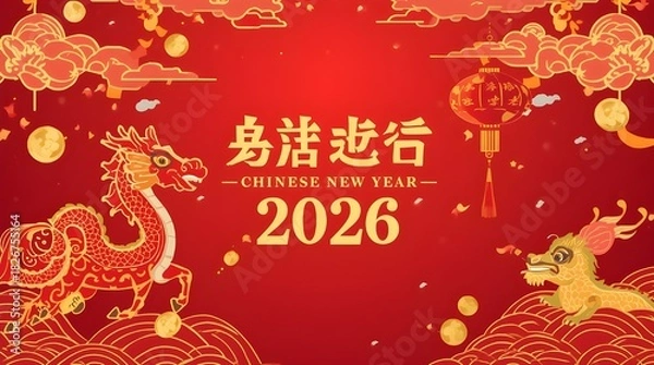 Obraz Chinese New Year 2026 Celebration With Dragon, Lanterns, And Gold Coins