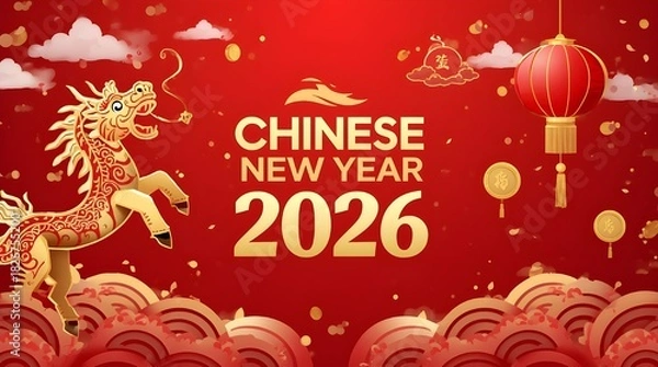 Obraz Chinese New Year 2026 Celebration With Dragon, Lanterns, And Gold Coins In Festive Scene
