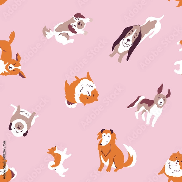 Fototapeta Vector  illustration with cute hand drawn dogs. Seamless pet  pattern. Trendy scandinavian design. 