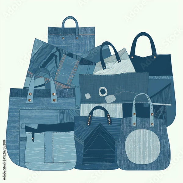 Fototapeta A collection of various blue denim tote bags and shopping bags artfully arranged together, showcasing different textures and styles