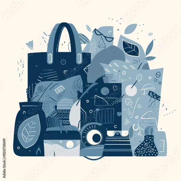 Fototapeta Stylized illustration of various reusable shopping items including a tote bag, jars, and containers in shades of blue and white