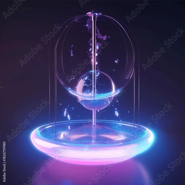 Fototapeta A futuristic, glowing, glass sphere fountain with neon blue and pink light effects in a dark, abstract setting