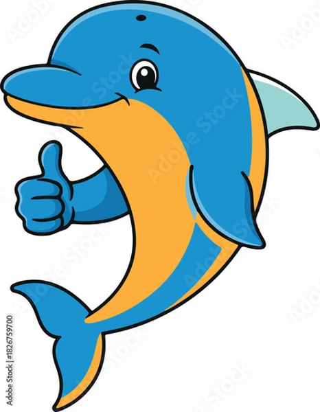 Obraz Cartoon dolphin giving a thumbs up gesture illustration on white background