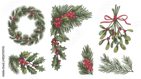 Fototapeta Modern Textured Christmas Botanical Collection - Easy-to-Use Vector Elements for Design