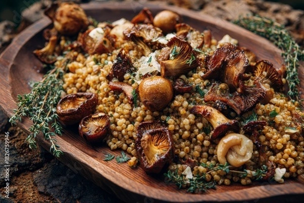 Obraz Pilaf served on wooden plate, combined with mushrooms, couscous, herbs. Concept of festive, traditional rice dish, showcasing vibrant colors, inviting textures, cooked perfectly.