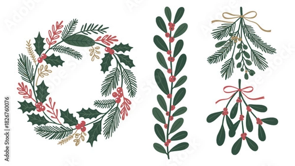 Fototapeta Modern Textured Christmas Botanical Collection - Easy-to-Use Vector Elements for Design