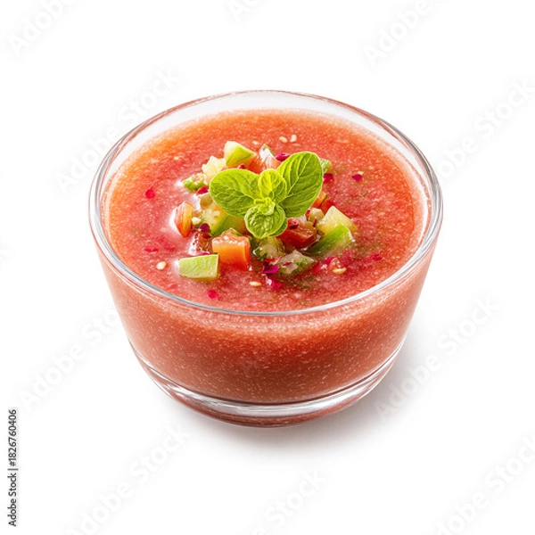 Fototapeta Chilled glass bowl of refreshing red gazpacho soup garnished with finely diced vegetable salsa and fresh mint leaf, isolated on white background