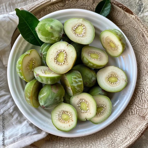 Fototapeta A closeup overhead view of several green, unripe or wild kiwi fruit, some whole and some halved, arranged on a white plate