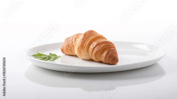 Fototapeta A golden brown, flaky croissant served on a simple white plate with a small green garnish, isolated on white background