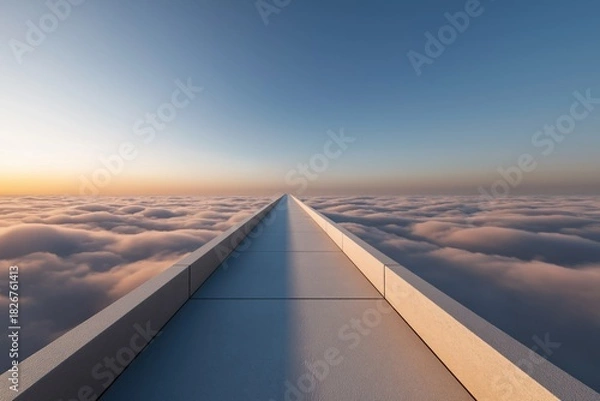 Fototapeta Minimalist walkway above sunrise clouds with golden light, symbolizing business progress, clarity and forward vision