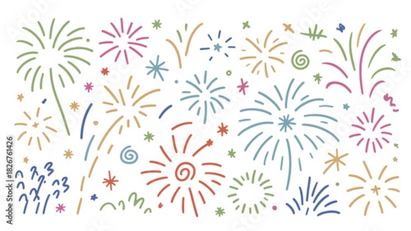 Fototapeta Hand-Drawn Doodle Fireworks Vector Pattern and Clipart Set for New Year, Pastel Celebration, and Event Decoration