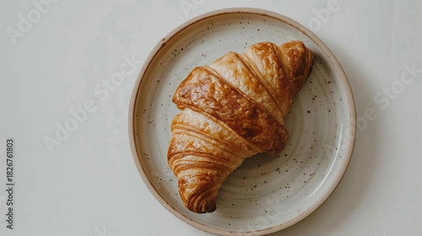 Fototapeta A golden brown, flaky croissant resting on a rustic, speckled ceramic plate against a plain, light background