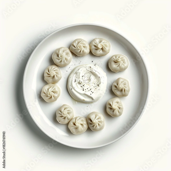 Fototapeta A topdown view of a white plate featuring ten perfectly pleated dumplings arranged in a circle around a dollop of creamy white dipping sauce, isolated on white background
