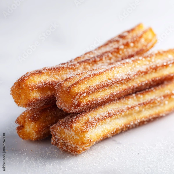 Fototapeta A closeup stack of four golden brown churros heavily coated in granulated sugar resting on a light surface