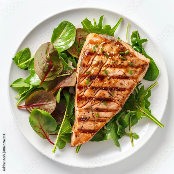 Fototapeta Perfectly grilled salmon steak served atop a fresh bed of mixed green salad leaves on a clean white plate, isolated on white background