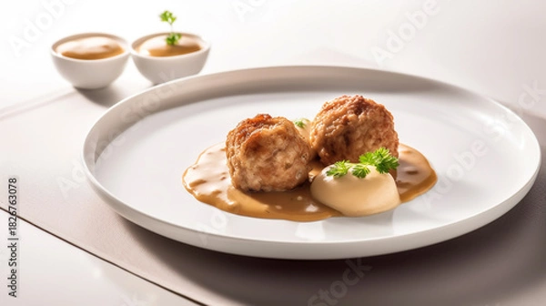 Fototapeta Gourmet presentation of two perfectly cooked meatballs served with a rich brown sauce and a quenelle of creamy puree on a white plate