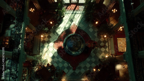 Obraz Overhead view of a grand, dimly lit interior space featuring a central circular fountain or feature surrounded by checkered flooring and architectural detail