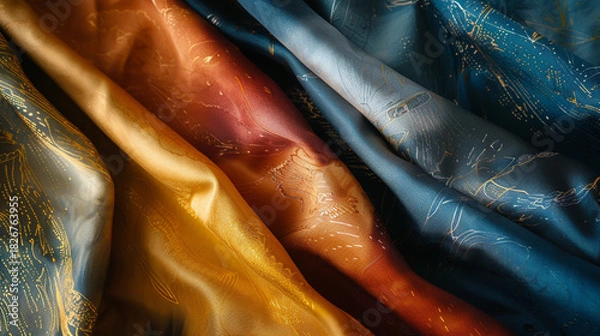 Fototapeta Closeup view of luxurious, flowing fabric drapes in rich autumnal and deep ocean blue tones with subtle golden shimmer accents throughout the texture