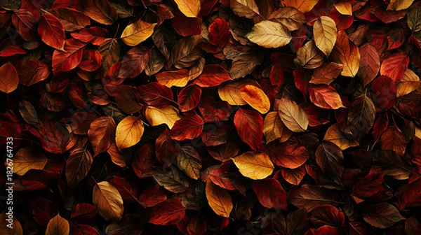 Obraz AI Generated - Pile of red and yellow leaves on a black background, creating a vivid contrast between the vibrant colors of the leaves and the darkness of the background. - Professional stock