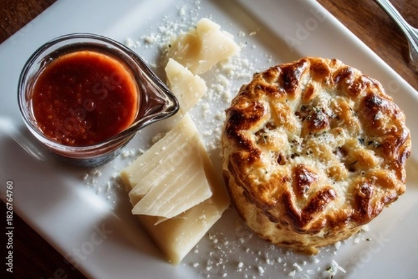 Fototapeta Timpana served on white plate, accompanying bowls of tomato sauce and cheese. Concept of baked pasta starter Maltese festive cuisine on wooden table.