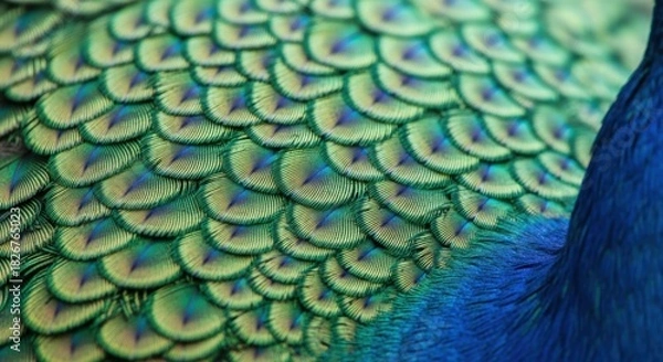 Fototapeta A macro shot reveals the iridescent beauty of peacock feathers displaying vibrant green and blue hues in a mesmerizing pattern professional stock photography content