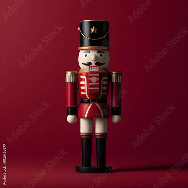 Obraz Wooden toy soldier figure on matte red background, classic holiday style 