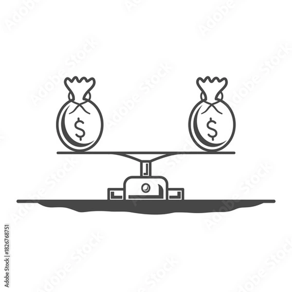 Fototapeta Vector illustration of a bag of dollar bills on a scale, designed with simple black lines. Design for finance, economics, and business concepts.