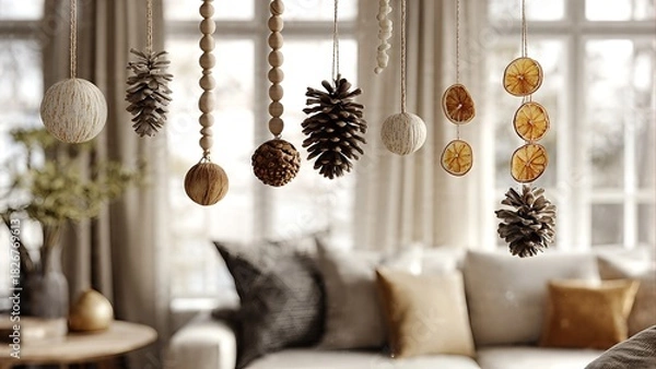 Obraz Natural and rustic hanging decorations featuring pinecones, dried oranges, and woven spheres in a cozy living room setting.