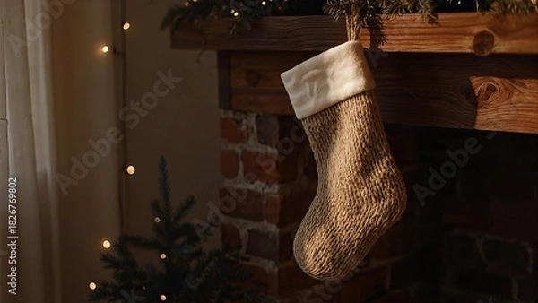 Obraz A cozy Christmas stocking hangs from a rustic wooden mantelpiece above a brick fireplace, illuminated by warm fairy lights and soft sunlight.