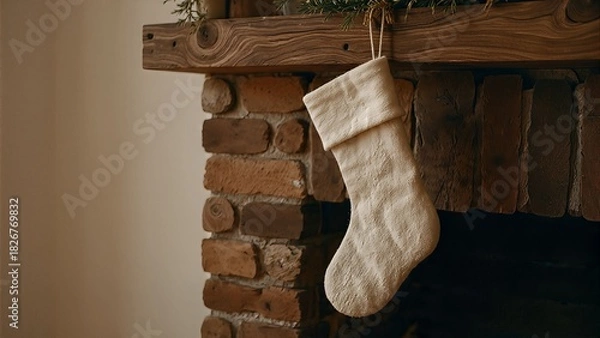 Obraz A simple, light-colored Christmas stocking hangs from a rustic wooden mantelpiece above a brick fireplace, creating a cozy holiday scene.