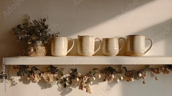 Obraz Four ceramic mugs and a vase with dried flowers arranged on a white shelf, illuminated by a warm diagonal sunlight.