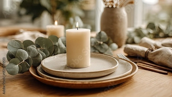 Obraz A cozy and elegant dining table setting with a lit candle, ceramic plates, and eucalyptus decor.