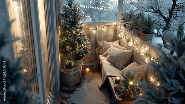 Obraz Cozy winter balcony decorated with festive string lights, small snow-dusted evergreen trees, and a warm seating area, creating a charming holiday ambiance.