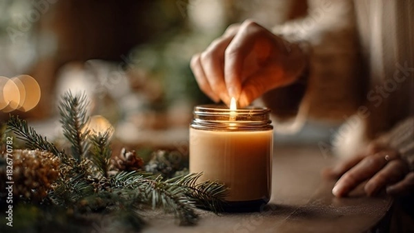 Obraz A hand lighting a warm candle in a jar next to festive evergreen branches and pinecones on a wooden table, creating a cozy atmosphere.