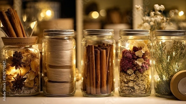 Obraz Five glass jars filled with aromatic spices, dried flowers, and herbs, illuminated by warm fairy lights in a cozy setting.