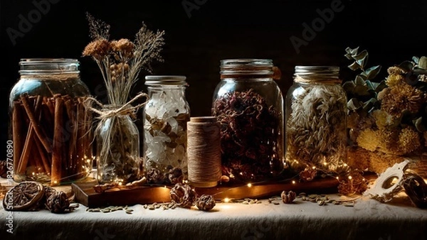Obraz A collection of glass jars filled with dried herbs, spices, and botanicals, illuminated by warm fairy lights, creating a cozy and rustic atmosphere.