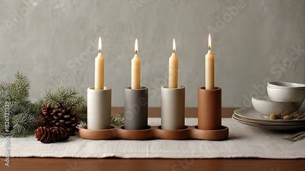 Obraz Four lit taper candles in minimalist ceramic holders on a wooden tray, adorned with pine branches and pinecones, set on a dining table.