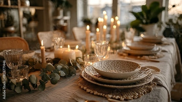 Obraz A beautifully decorated dining table set with multiple lit candles and elegant dinnerware, creating a warm and inviting atmosphere for a special meal.