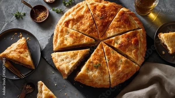 Fototapeta Top-down shot of Gosh Nan (Uyghur meat pie), whole pie and slices arranged neatly, visible filled interior, warm golden baked surface