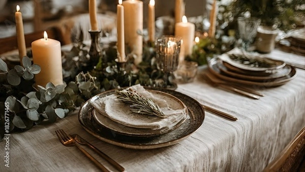 Obraz Elegantly set dining table with lit candles, green foliage, and rustic dinnerware, creating a warm and inviting atmosphere for a special occasion.