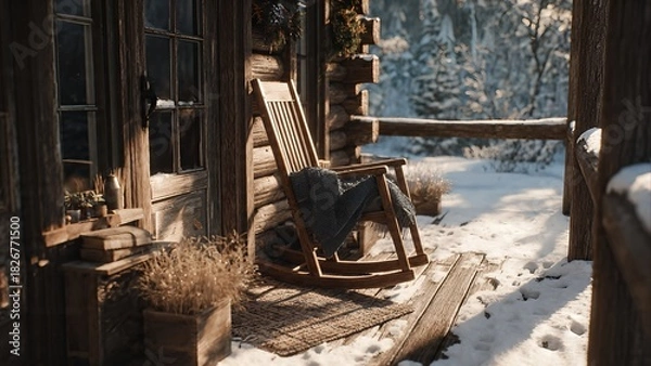 Obraz A cozy wooden cabin porch with a rocking chair and blanket, covered in snow during a sunny winter day, surrounded by trees.