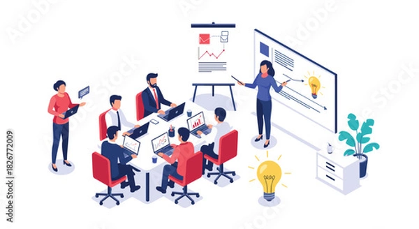 Fototapeta Business team collaborating and brainstorming new ideas during a strategic meeting with a presenter explaining concepts on a whiteboard.