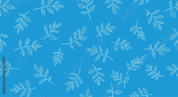 Fototapeta A repeating pattern of white hand-drawn leaf branches on a bright blue background, offering a fresh and clean botanical design.
