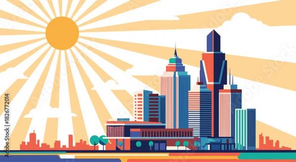 Fototapeta Vibrant vector illustration of a bustling cityscape with prominent skyscrapers and a bright, sunny sky.