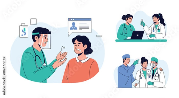 Fototapeta Healthcare professionals provide medical care and consultations, showing patient interaction, teamwork, and safety measures in a clinic setting.