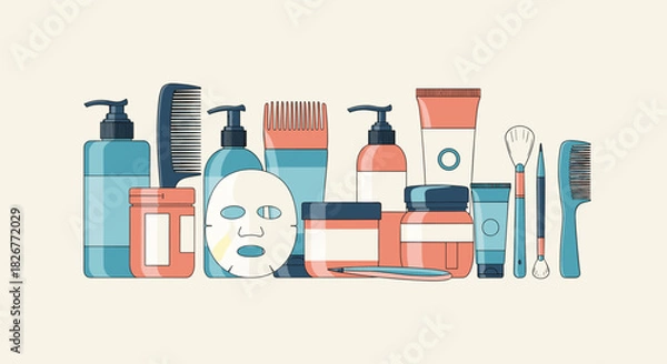 Fototapeta A diverse collection of beauty and personal care products, including skincare, hair care essentials, and makeup tools, presented as a clean illustration.