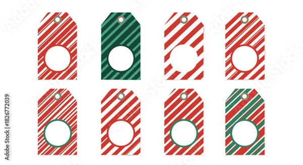 Fototapeta Collection of eight festive Christmas gift tags with diagonal red and green candy cane stripes, featuring a central circular cutout and a top eyelet.